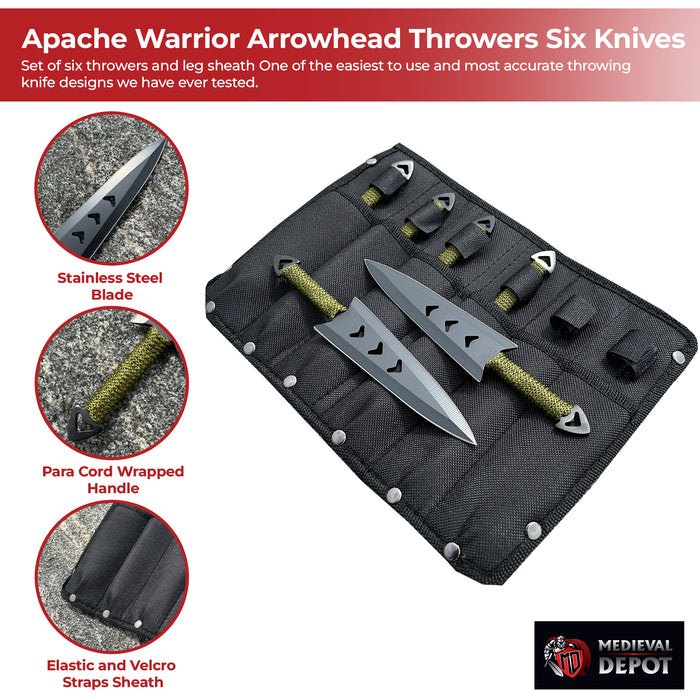 Apache Warrior Arrowhead Six Throwing Knife Set