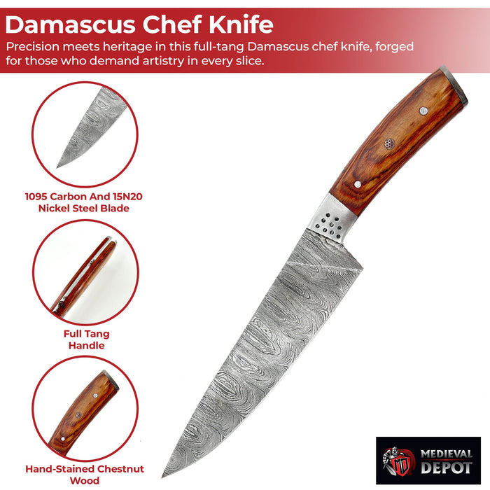 Artisan Forged Handcrafted Damascus Chef Knife with Chestnut Handle