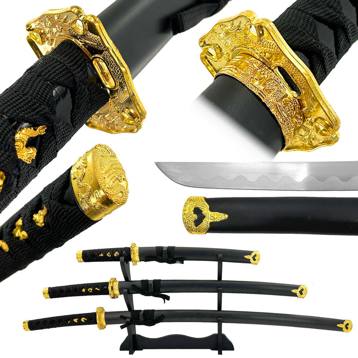 Black Dragon Three Piece Katana Sword Set with Desktop Stand
