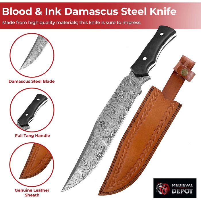 Blood & Ink Damascus Steel Outdoor Bowie Hunting Knife