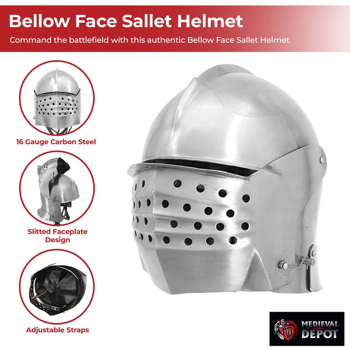 Bellows Face Sallet Battle Helmet with Visor & Leather Liner