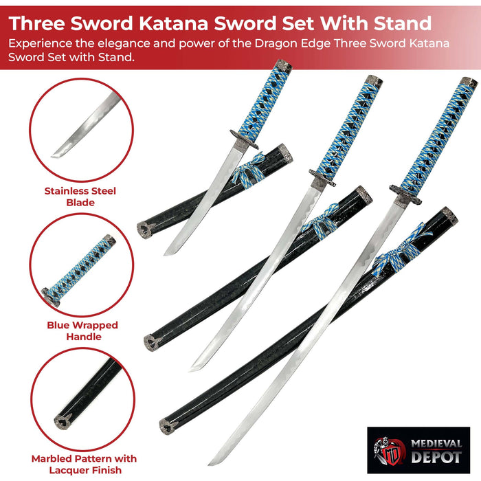Dragon Edge Three Sword Katana Sword Set With Stand