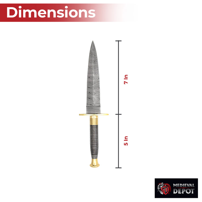 Full Damascus Steel Commando Knife with Brass Fittings and Leather Sheath