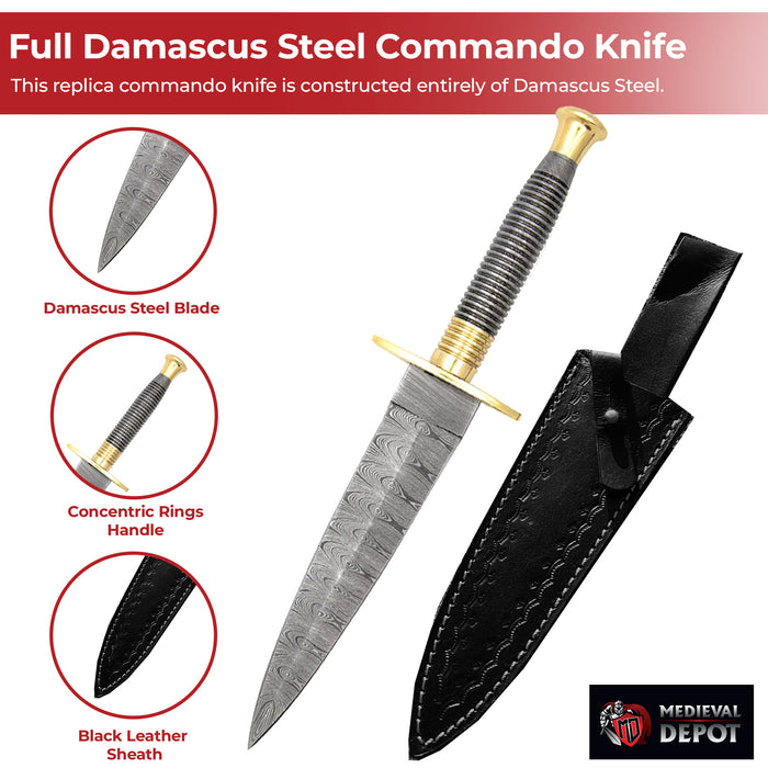 Full Damascus Steel Commando Knife with Brass Fittings and Leather Sheath