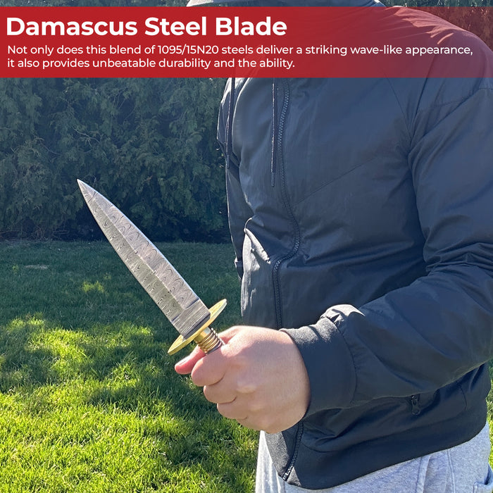 Full Damascus Steel Commando Knife with Brass Fittings and Leather Sheath