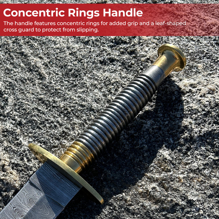 Full Damascus Steel Commando Knife with Brass Fittings and Leather Sheath