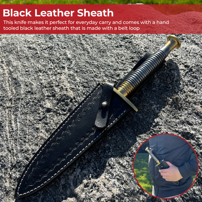 Full Damascus Steel Commando Knife with Brass Fittings and Leather Sheath