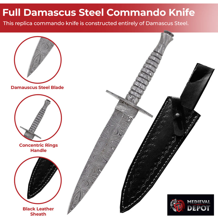 Full Damascus Steel Commando Knife with Leather Sheath