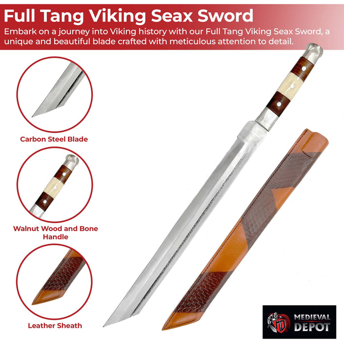 Full Tang Viking Seax Sword with Bone Handle