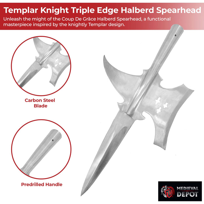 Functional Templar Knight Triple Edge Medieval Halberd Spearhead