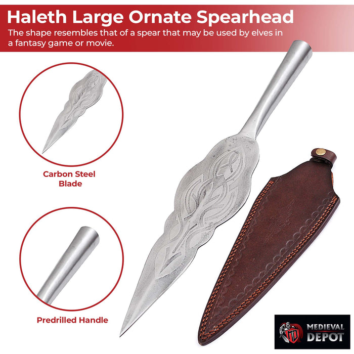 Haleth Large Ornate High Carbon Steel Sharpened Point Spear Head