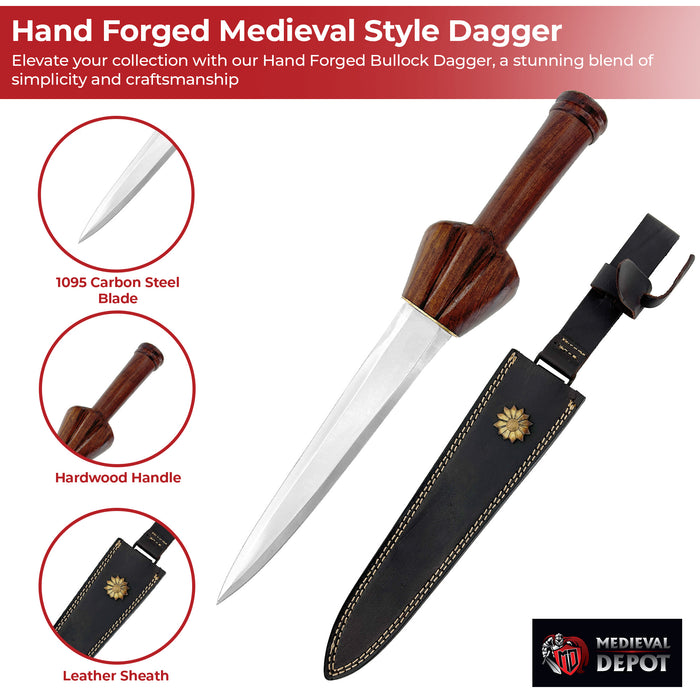 Hand Forged Medieval Style Bullock Dagger with Leather Sheath