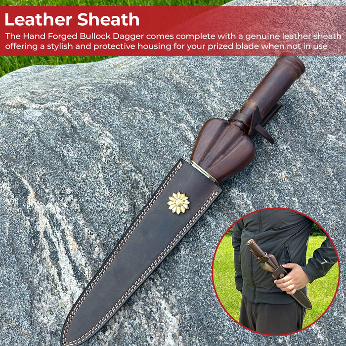 Hand Forged Medieval Style Bullock Dagger with Leather Sheath