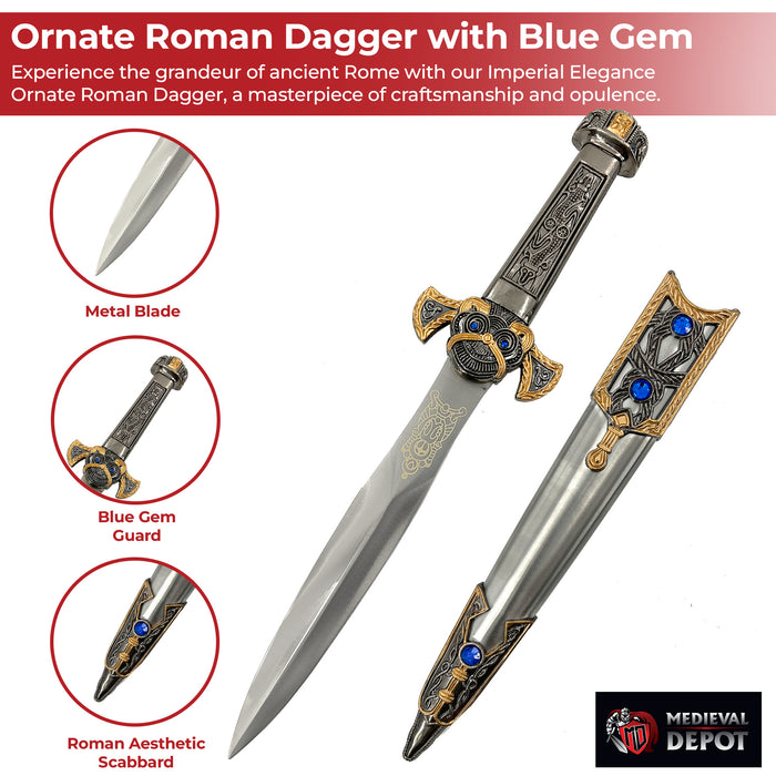 Imperial Elegance Ornate Roman Dagger with Blue Gem Accents