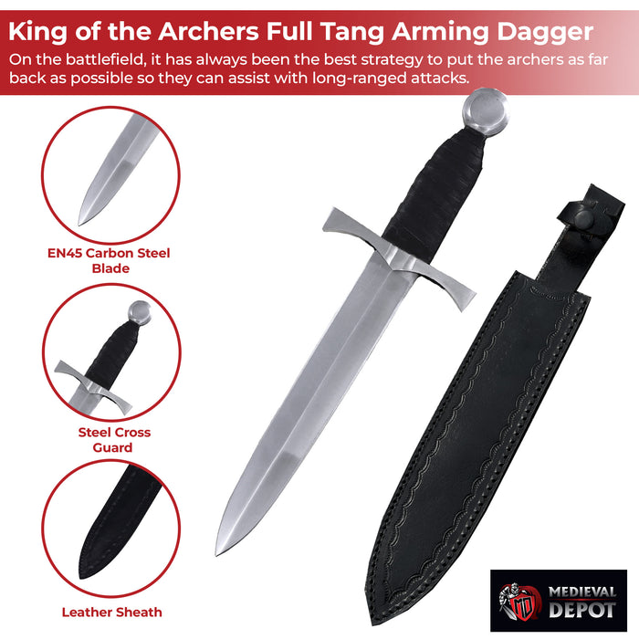 King of the Archers Full Tang Arming Dagger with Black Leather Handle