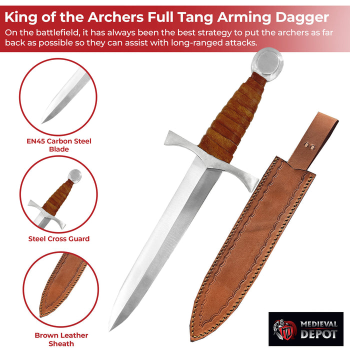 King of the Archers Full Tang Arming Dagger with Brown Leather Handle
