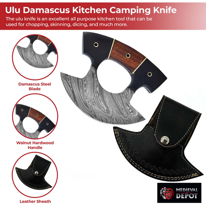 Live for Food Ulu Damascus Kitchen Camping Knife with Sheath