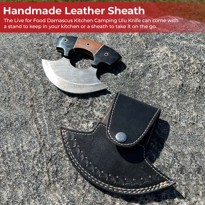 Live for Food Ulu Damascus Kitchen Camping Knife with Sheath