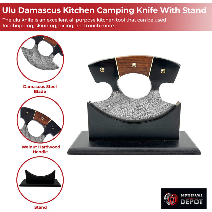 Live for Food Ulu Damascus Kitchen Camping Knife With Stand