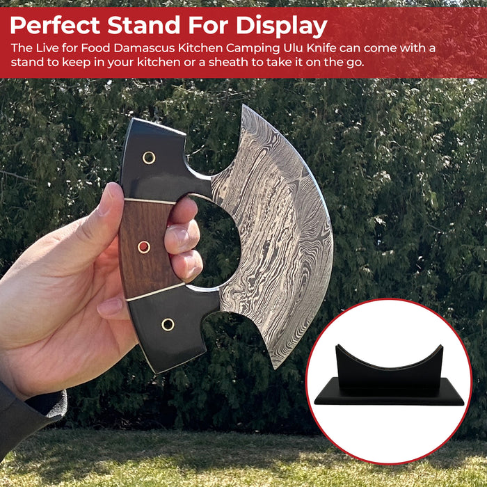 Live for Food Ulu Damascus Kitchen Camping Knife With Stand