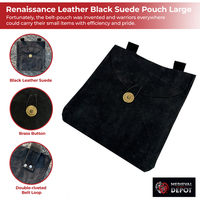 Medieval Renaissance Leather Black Suede Pouch Large