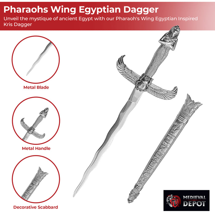 Pharaohs Wing Egyptian Inspired Kris Dagger with Hieroglyphic Scabbard