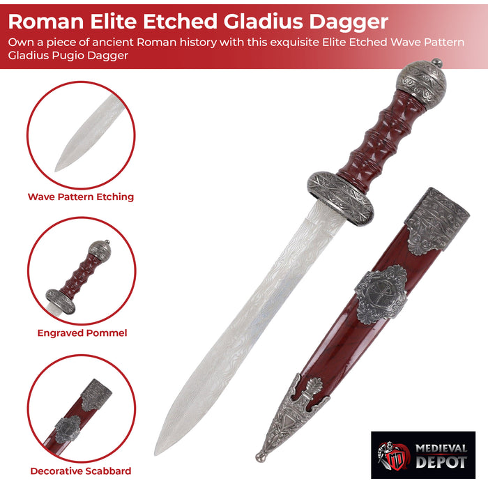 Roman Elite Etched Wave Pattern Gladius Pugio Dagger