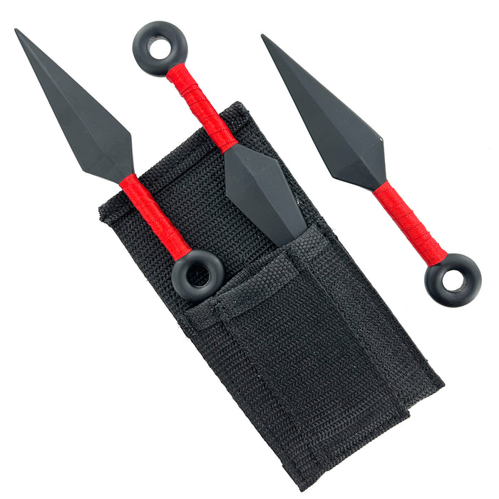 Shadow Strike Trio Red-Wrapped Mini Kunai Throwing Knives Set with Belt Pouch