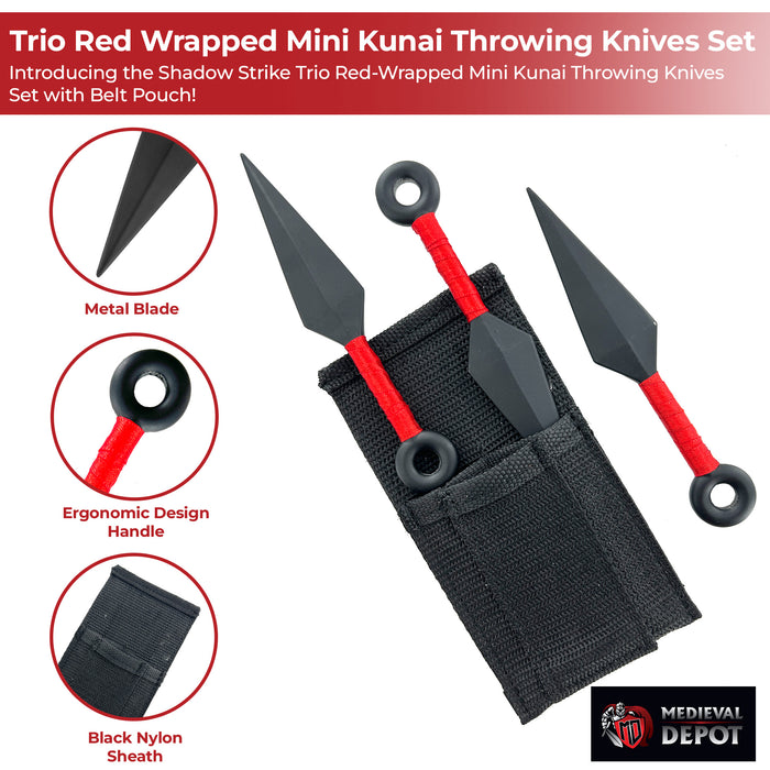Shadow Strike Trio Red-Wrapped Mini Kunai Throwing Knives Set with Belt Pouch