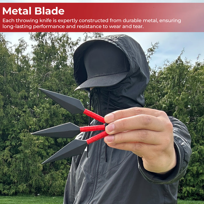 Shadow Strike Trio Red-Wrapped Mini Kunai Throwing Knives Set with Belt Pouch