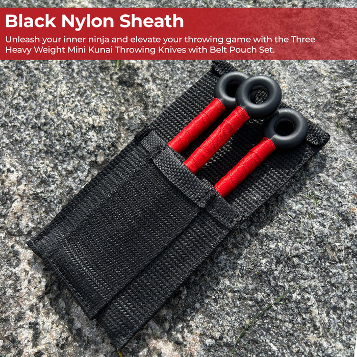 Shadow Strike Trio Red-Wrapped Mini Kunai Throwing Knives Set with Belt Pouch