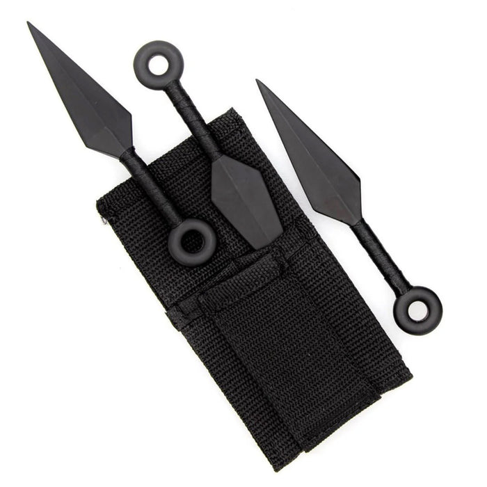 Shadow Strike Trio Black Wrapped Mini Kunai Throwing Knives Set with Belt Pouch