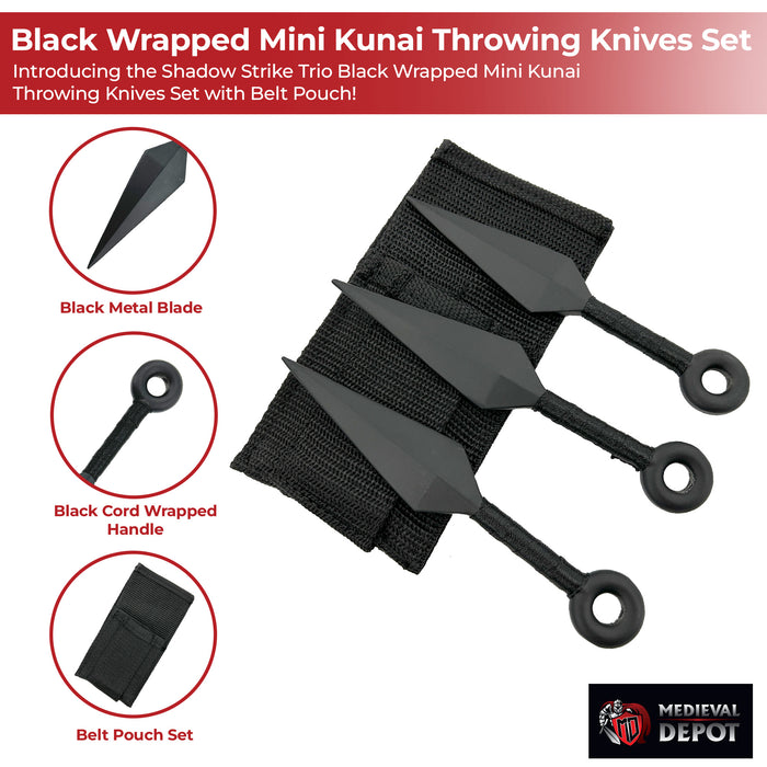 Shadow Strike Trio Black Wrapped Mini Kunai Throwing Knives Set with Belt Pouch