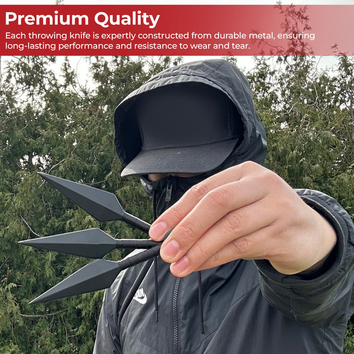 Shadow Strike Trio Black Wrapped Mini Kunai Throwing Knives Set with Belt Pouch