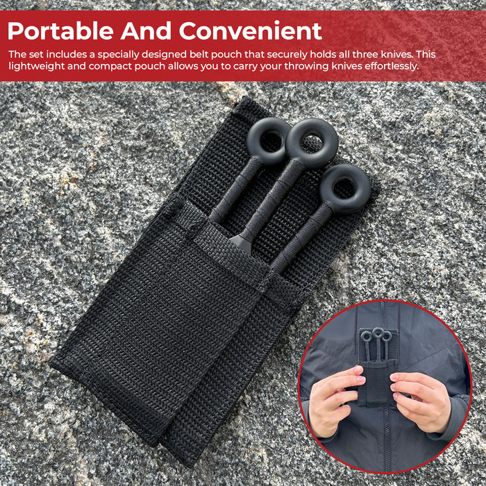 Shadow Strike Trio Black Wrapped Mini Kunai Throwing Knives Set with Belt Pouch