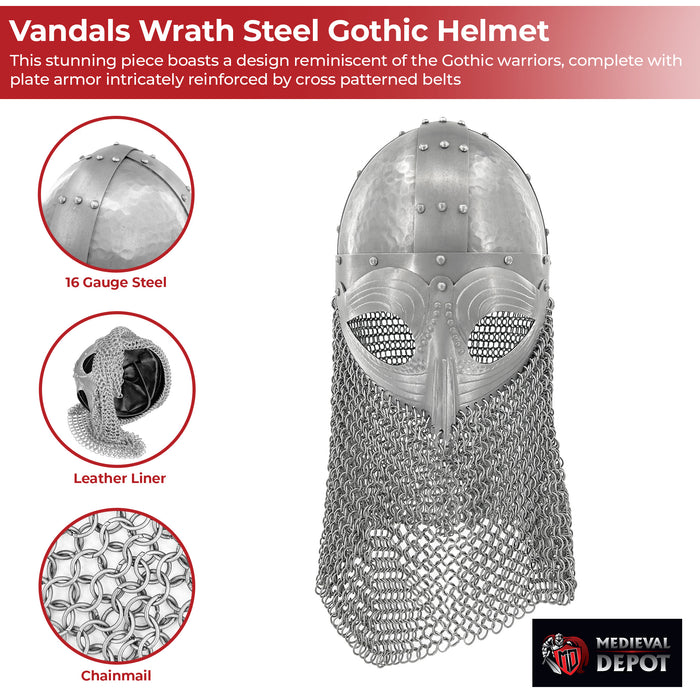 Vandals Wrath Forged Steel Gothic Helmet with Chainmail Defense