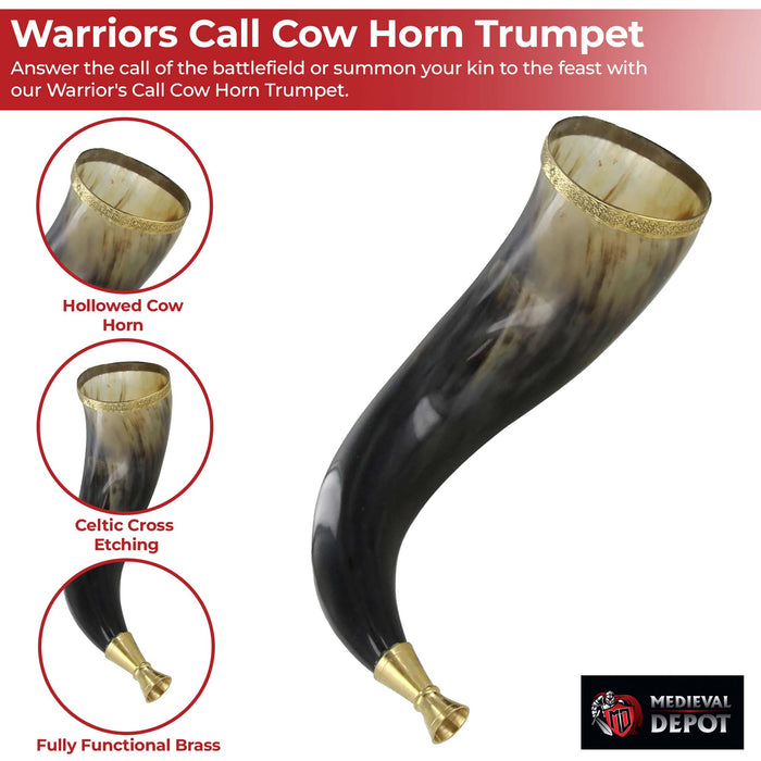 Warriors Call Cow Horn Trumpet with Brass Rim and Celtic Cross Etching