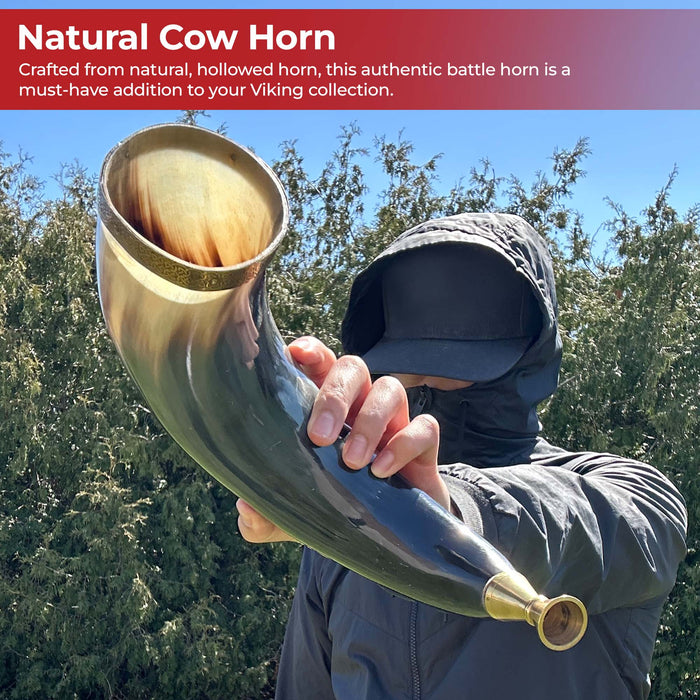 Warriors Call Cow Horn Trumpet with Brass Rim and Celtic Cross Etching