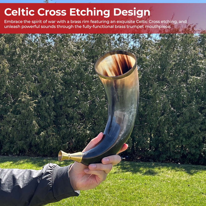 Warriors Call Cow Horn Trumpet with Brass Rim and Celtic Cross Etching