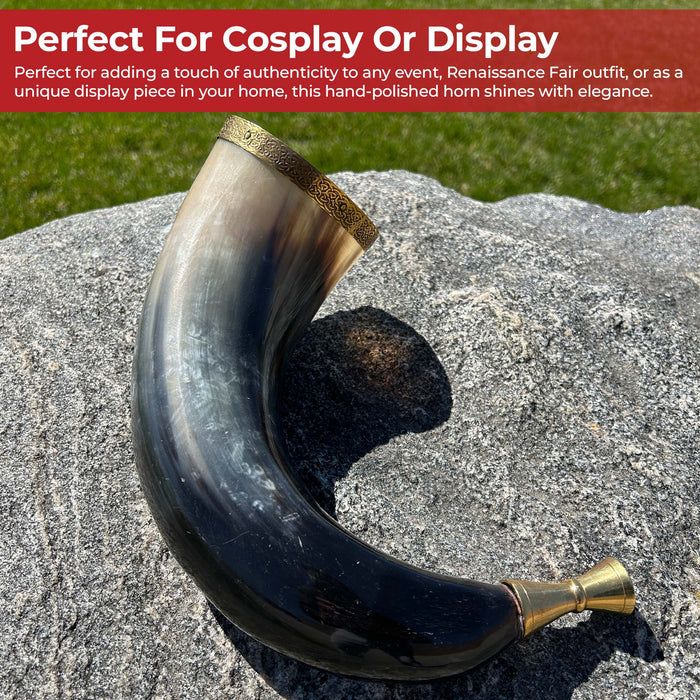 Warriors Call Cow Horn Trumpet with Brass Rim and Celtic Cross Etching