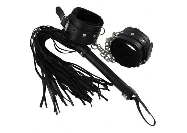 Deep Black + Fur Wrist Cuff and Whip - Medieval Depot