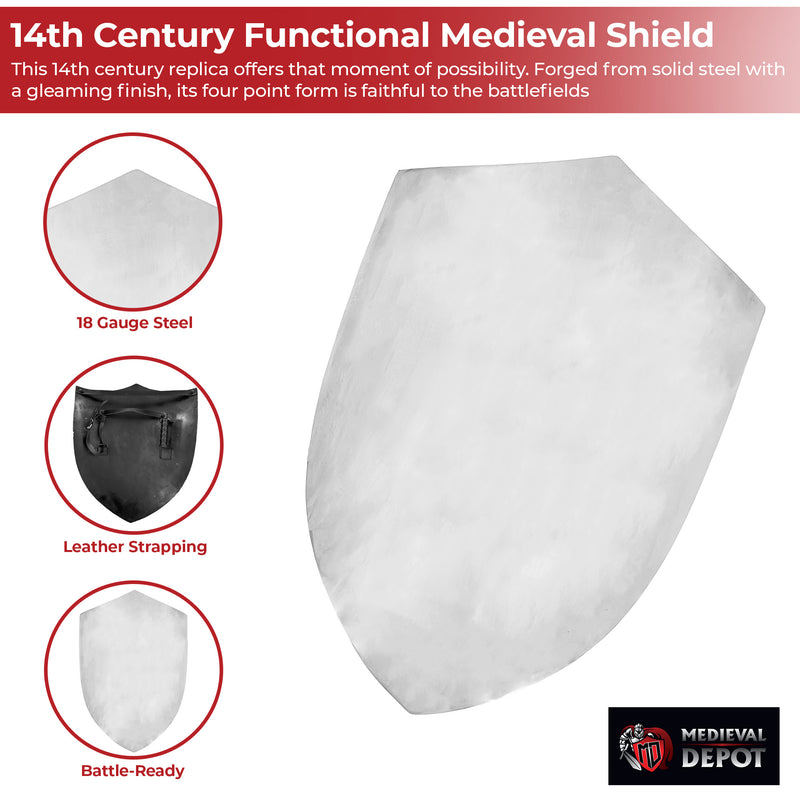 14th Century Four Point Functional Polished Steel Medieval Battle Shield