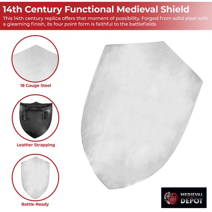 14th Century Four Point Functional Polished Steel Medieval Battle Shield