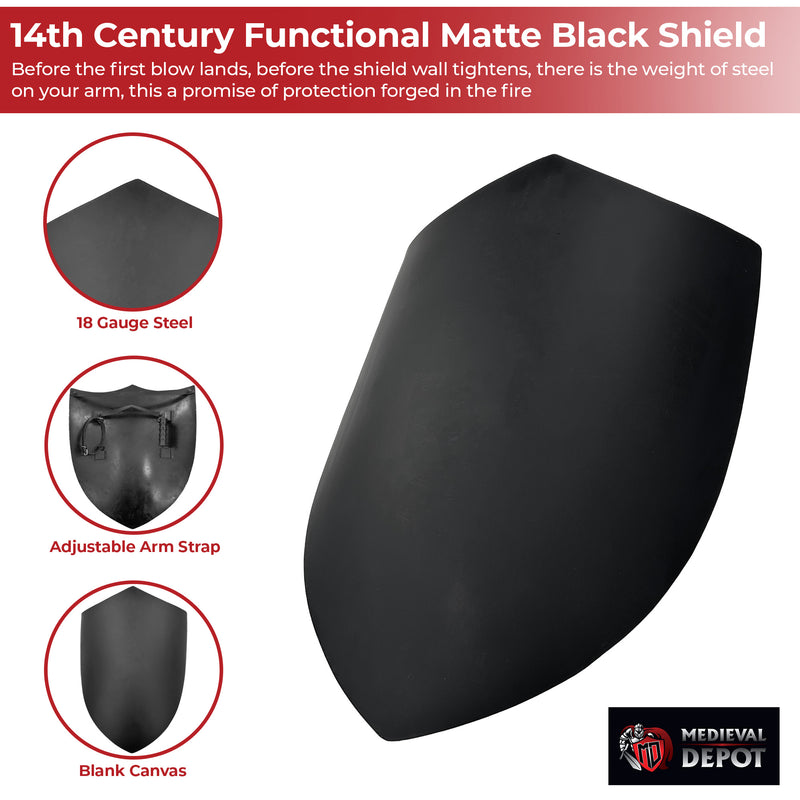 14th Century Four Point Functional Steel Matte Black Medieval Battle Shield
