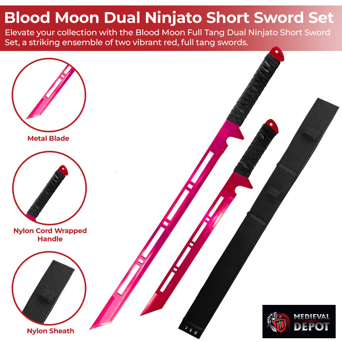 Blood Moon Dual Ninjato Short Sword Set Full Tang Red Cyberpunk Swords