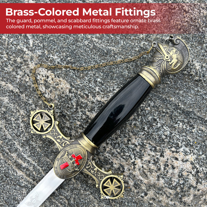 30 Inch Stainless Steel Blade MedievalDepot Templar Sword - With Knight's Helm Pommel & Metal Scabbard Templar Symbols Sword
