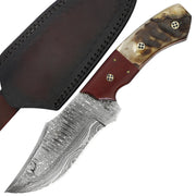 Restless Lull Damascus Hunting Knife – Ram Horn Handle, Full Tang, Leather Sheath