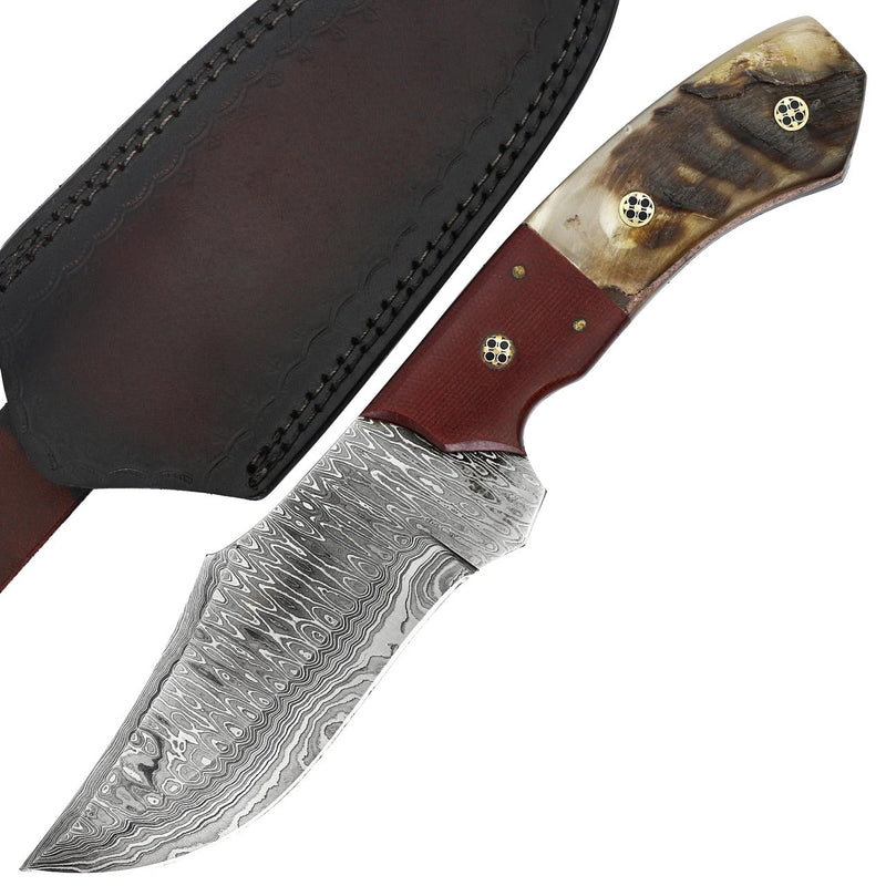 Restless Lull Damascus Hunting Knife – Ram Horn Handle, Full Tang, Leather Sheath