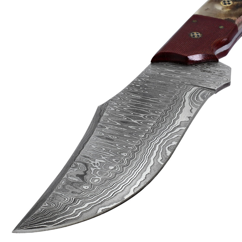 Restless Lull Damascus Hunting Knife – Ram Horn Handle, Full Tang, Leather Sheath