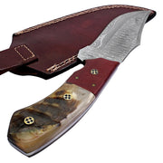 Restless Lull Damascus Hunting Knife – Ram Horn Handle, Full Tang, Leather Sheath